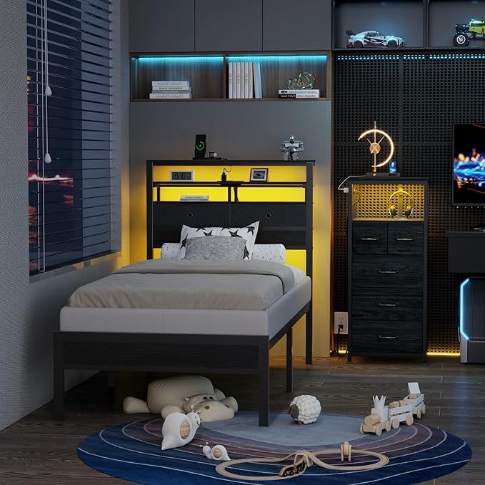 Furnulem Twin Bed Frames with Charging Station and LED Lights, Wood Headboard with 2 Fabric Drawers and Storage Shelves, Twin Size Platform Bed with Metal Slats, No Box Spring Needed, Black Oak
