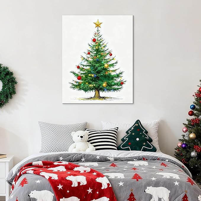Framed Christmas Pictures Wall Decor,Vintage Pine Tree Prints,Winter Christmas Canvas Wall Art Decoration for Bedroom Bathroom Living Room Rustic Xmas Holiday Gifts (Christmas Tree 7, 12'' X 16'')