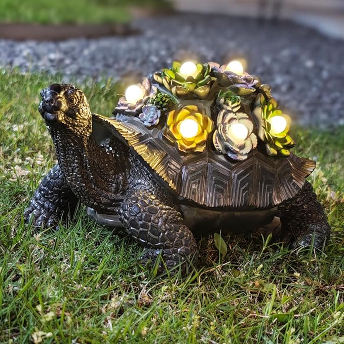 Solar-Powered Succulent Turtle Statue - Resin Garden Decor with LED Lights, Waterproof Outdoor Ornament for Patio, Yard, Lawn - Unique Housewarming Gifts