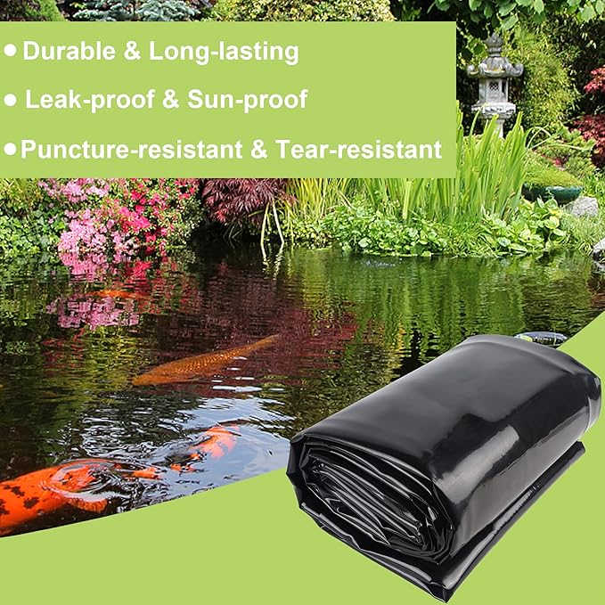 10 x 15 FT Pond Liner, 20 Mil Fish Pond HDPE Liner, Pond Liners for Outdoor Ponds, Koi Ponds, Garden Fountain, Waterfall