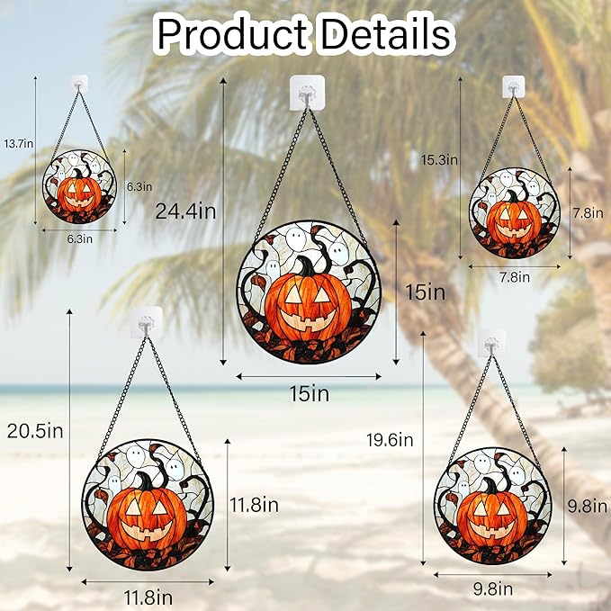 Stained Glass Window Hanging - Halloween Decorations Pumpkin Ghost Suncatcher for Doors Garden Indoor Spooky Funny Orange Sun Catchers Gothic Decor Horror Gifts for Women Men Friend 7.8 in