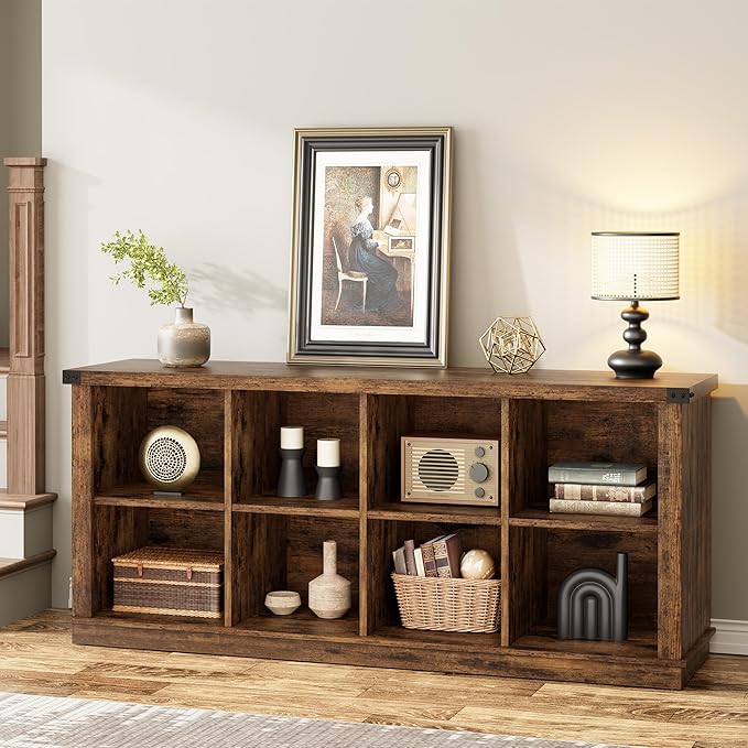 GarveeHome 8 Cube Storage Organizer Bookshelf, 3 Tier Farmhouse Horizontal Bookcase, 62 Inch Wood Storage Bookcase for Entryway, Long Low Bookshelves for Living Room-Retro Brown