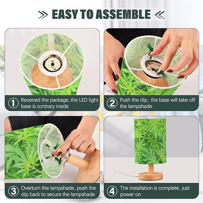 Table Lamp Marijuana Plant Green Cannabis Hemp Leaf Nightstand Lamp with Wood Base Fabric Lamp Shade Bedside Desk Lamp for Living Room Bedroom Kids Room Office