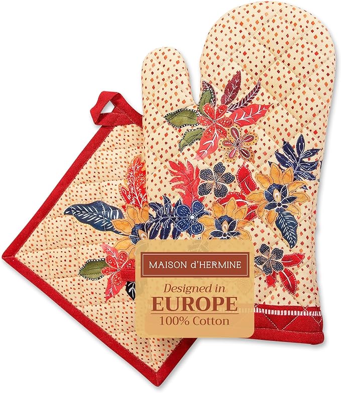 Maison d' Hermine 100% Cotton Oven Mitt & Pot Holder Set (7.5"x13" & 8"x8") Heat Resistant BBQ Cooking Gloves with Loop for Thanksgiving Christmas Decorations Handling Hot Pans (Kalahari)