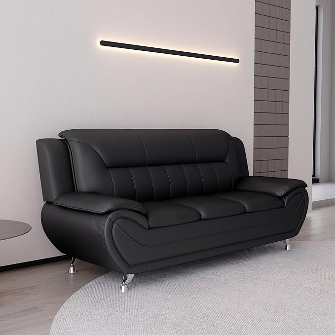 Container Furniture Direct Michael Modern Faux Leather Upholstered Stainless Steel Legs Living Room Sofa, Black