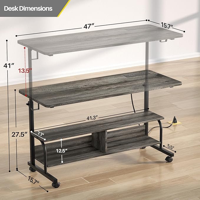 Height Adjustable Standing Desk with Power Outlets, 47" Manual Stand Up Desk with Storage Shelves Small Mobile Rolling Computer Desk Portable Laptop Table with Wheels for Home Office, Grey Oak