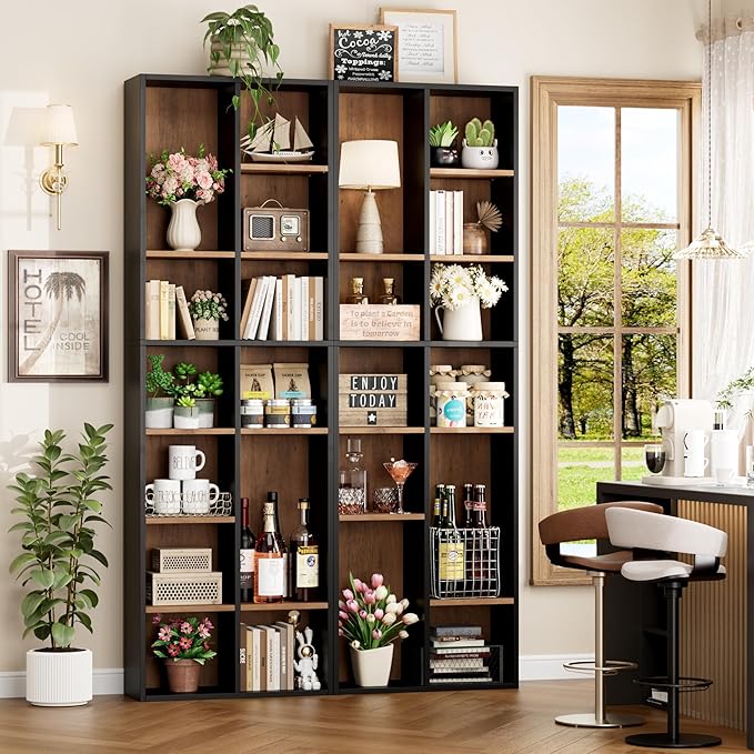 FOTOSOK 71'' Tall Bookshelf, Double Wide Media Tower Rack CD DVD Rack Display Cabinet with Adjustable Shelves, Tall Narrow Bookcase Bookshelf for Home Office, Black/Brown
