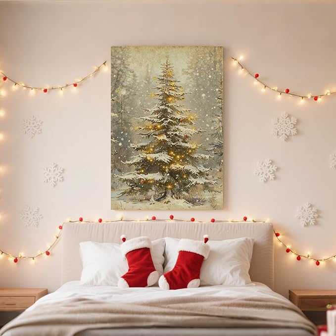 Framed Christmas Pictures Wall Decor,Vintage Pine Tree Prints,Winter Christmas Canvas Wall Art Decoration for Bedroom Bathroom Living Room Rustic Xmas Holiday Gifts (Christmas Tree 2, 12'' X 16'')