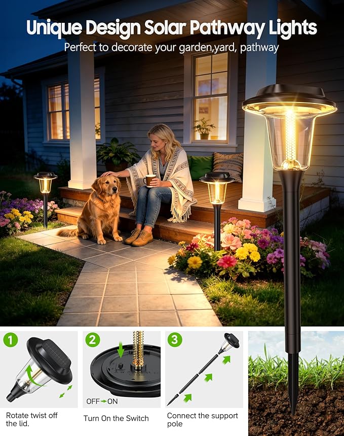 2026 New Solar Pathway Lights Outdoor 4 Pack Solar Lights Outdoor Waterproof IP65 Upgraded Bright LED Auto On/Off Modern Garden Lights Solar Powered Light for Yard Lawn Walkway Driveway Patio Decor