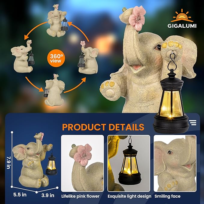 GIGALUMI Solar Garden Statues Elephant with Lantern Elephant Gifts for Women Birthday Gifts for Mom. Elephants Figurine Solar Garden Decor Outdoor Statues for Yard, Patio, Balcony, Lawn, Pond