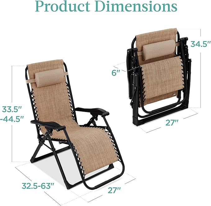Best Choice Products Oversized Zero Gravity Chair, Folding Outdoor Patio Recliner, XL Anti Gravity Lounger w/Removable Cushion, Cup Holder, Side Tray, 350lb Capacity - Wheat