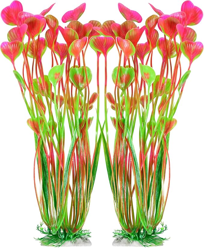 AQUANEAT Artificial Fish Tank Plants, Plastic Aquarium Accessories Large, 15.5 inch Pink Decorations, 2pcs