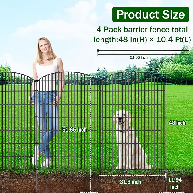 No Dig Decorative Garden Fence 4 Panels with Gate, 48 in (H) x 10.4 ft (L), Dog Fence Outdoor for Yard，Rustproof Metal Animal Barrier Ground Stakes Fencing for Garden, Patio, Flower Bed