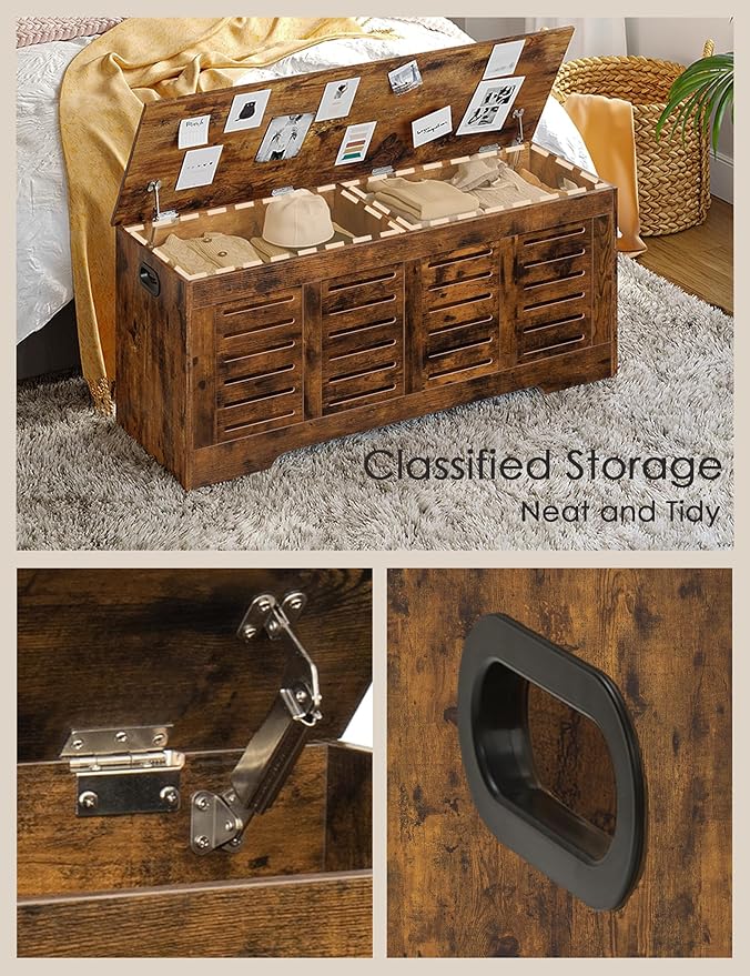 DINZI LVJ Storage Chest, 47.3” Wooden Toy Box with 2 Safety Hinges, Retro Entryway Shoe Storage Bench with Flip-Top, Sturdy Large Storage Trunk for Living Room, Bedroom, Easy Assembly, Rustic Brown