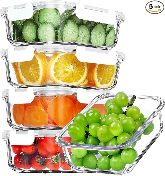 VERONES 5 Pack 36 OZ Glass Meal Prep Containers, Airtight Glass Lunch