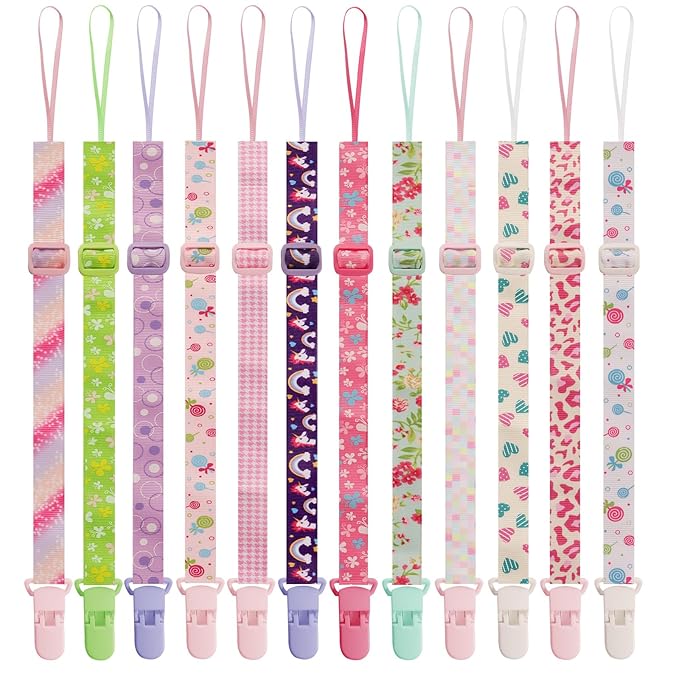 12 Pack Pacifier Clips with Adjustable Strap (32-46.5cm) - Premium Polyester Baby Pacifier Holder Set, Multi-Design Clips for Boys Girls （Multi Color A）