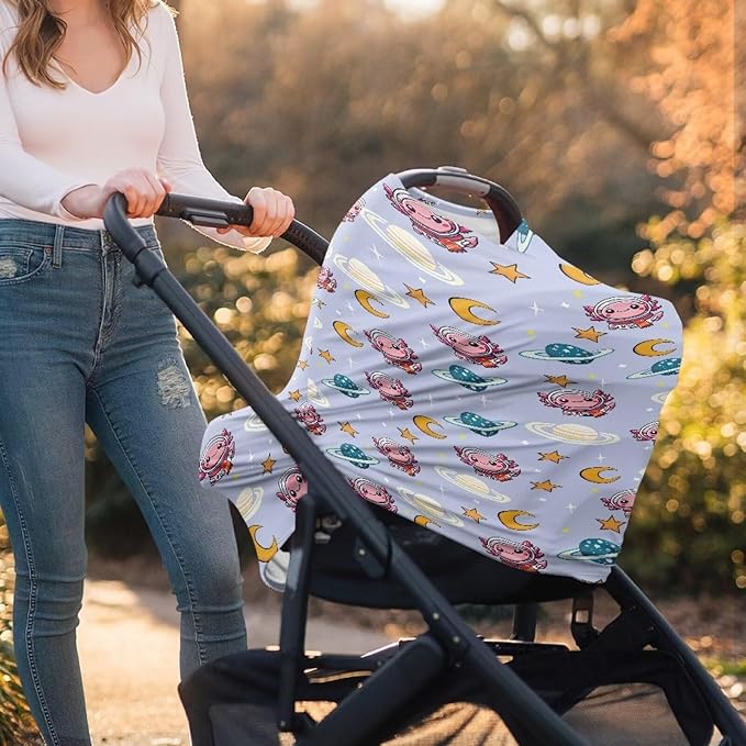 Wanyint Baby Car Seat Covers Nursing Cover Carseat Canopy Baby Breastfeeding Cover,Multi Use Nursing Scarf Infant Stroller Cover, Axolotl Astronaut Planet Moon Star