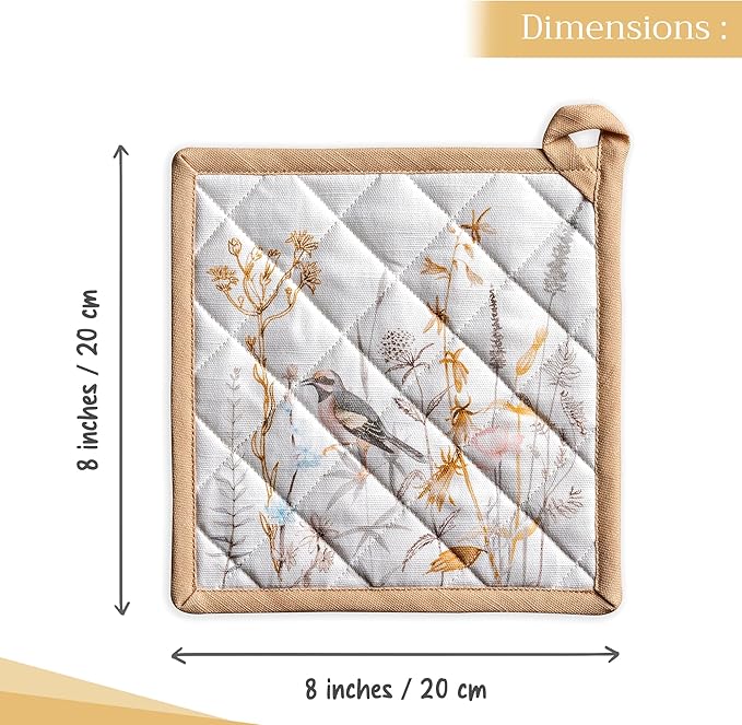 Maison d' Hermine Pot Holders Set 100% Cotton Heat Resistant Potholders 8" x 8" Hot Pads with Loop BBQ, Cooking, Grilling, Kitchen, Handling Hot Pans Spring/Summer (Pack of 2, Meadow Florals - Beige)