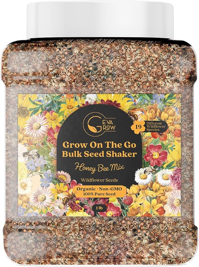 Bulk Wildflower Seed Mix – Honey Bee Wildflower Seed Mix 1 Pound Tub by GevaGrow | Bulk 300,000+ Seed Tub | 19 Variety Flower Seeds for Planting in Pots & Outdoor Gardens | No Messy Bags or Packets |