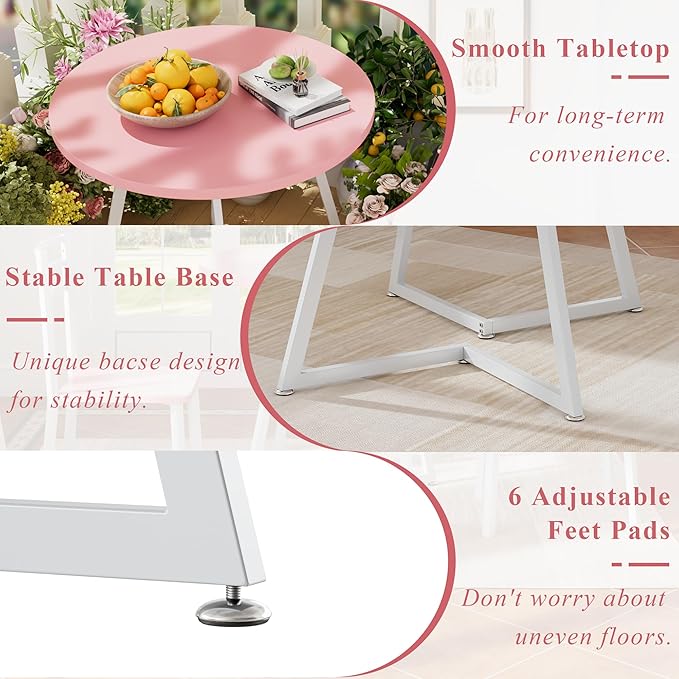 VECELO Small Round Dining Table Set for 2, Wood Tabletop with Strong Metal Frame, Modern Dinette with Chairs for Kitchen, Breakfast Nook Living Room, Pink & White