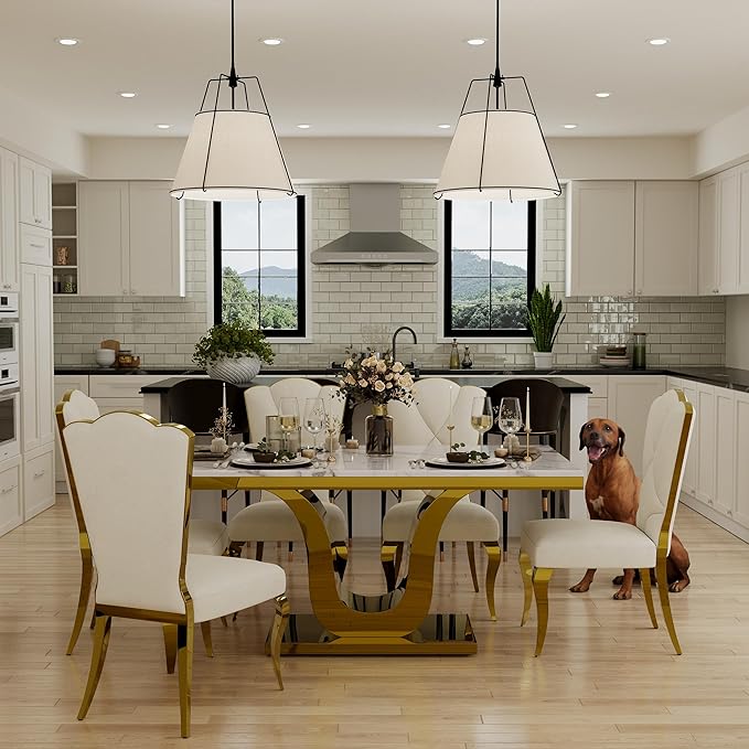 Luxury Dining Room Table with Gold Stainless Steel Metal U-Base in White Gold