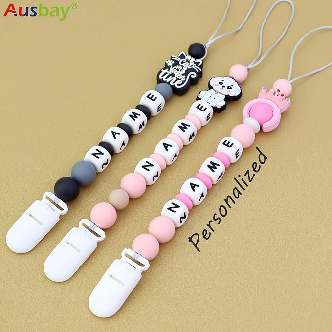 Personalized Pacifier Clip with Name, Custom Animal Pacifier Clip for Baby, Personalized Silicone Pacifier Holder - Boy and Girl Gift (Light Pink)
