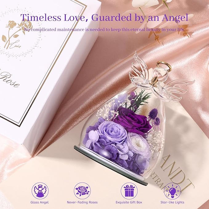 Gifts for Women, Christmas Decorations Flowers for Delivery Fresh Bouquet Forever Preserved Flowers Real Rose Angel Figurine Glass, Xmas Decor Gifts for Mom Grandma Wife Sister, Purple