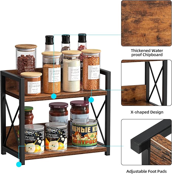 Giikin Countertop Shelf Organizer, 2 Tier Kitchen Spice Rack for Countertop, Wood Coffee Counter Shelf Organizer for Home (Brown, S)