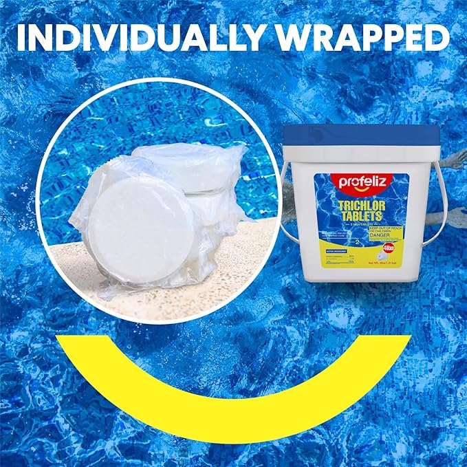 PROFELIZ Chlorine Tablets 3 Inch for Swimming Pools, Kills Bacteria and Stops Algae, Slow Dissolving,Individually Wrapped,Pool Chlorine Tablets,4lbs