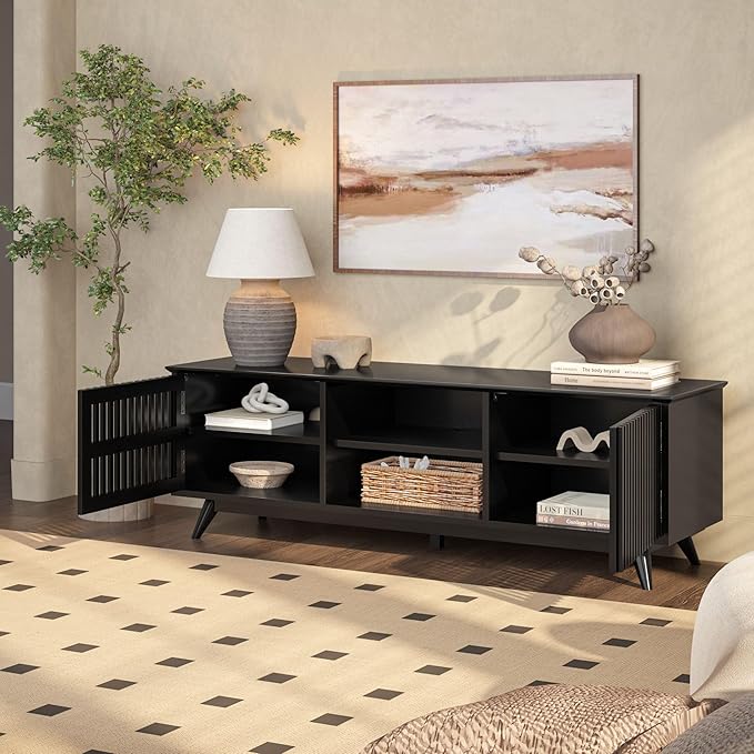 Plank+Beam Mid-Century Modern Wood TV Stand, Solid Wood Entertainment Console with Storage, 59" L x 16" W x 19" H, Black