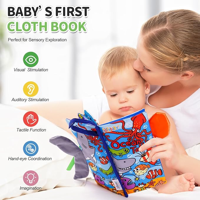 Jollybaby Baby Cloth Books, Touch & Feel Crinkle Soft Books, for Infants Babies, Toddler Early Educational Interactive Stroller Toys, Baby Girl & Boy Gift(Ocean Tails)