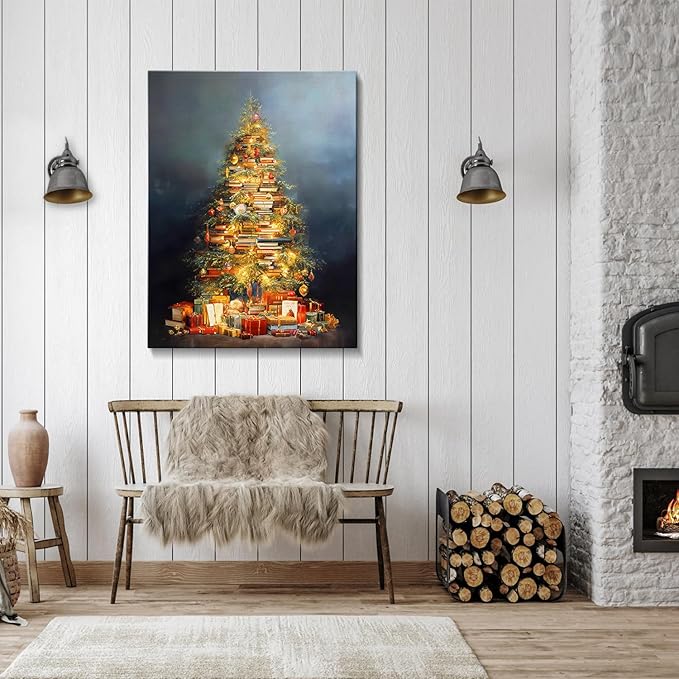 Vintage Books Christmas Tree Canvas Wall Art - Rustic Literary Still Life Framed Print for Cozy Winter Decor, Light Academia Christmas Wall Art, Unique Christmas Gifts & Festive Decorations