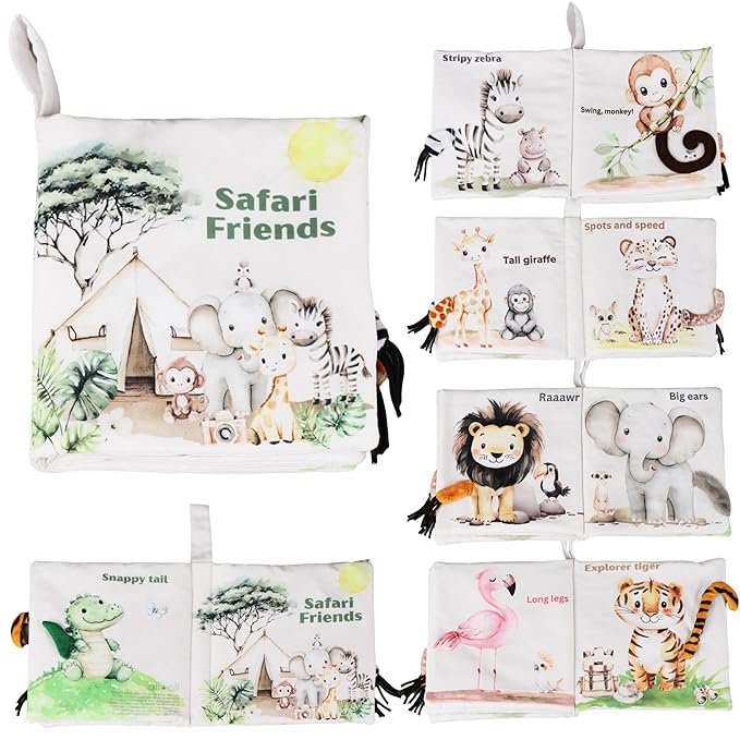 Ali+Oli Baby Cloth Book – Soft Sensory Crinkle Book with Textured Tails for Infants 0-12 Months – Early Learning Touch & Feel Tummy Time Toy – Newborn Shower Gift - Safari Friends