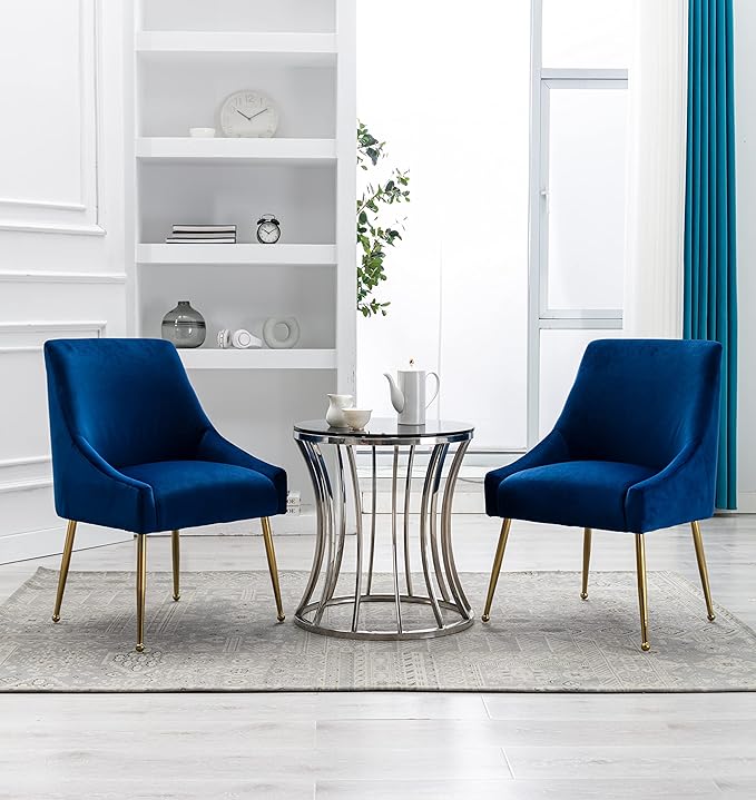 Velvet Dining Chairs Set of 2, Furniture Collection Modern Contemporary Upholstered with Polished Gold Metal Legs(Blue)