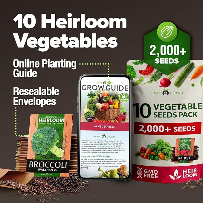 HOME GROWN Premium USA-Grown Vegetable Seeds - 10 Variety Pack with 2,000+ Non-GMO Heirloom Seeds for Planting - Garden Vegetable Seeds for Indoor & Outdoor Planting - Survival Seed Vault Kit