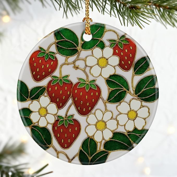 Strawberry Flower Ornament, Christmas Ornaments & Christmas Decorations for Tree, Vibrant Holiday Decor, Gift for Her, Friends & Strawberry Lovers, Gift Exchange & Gifts Idea, Giftbox Included