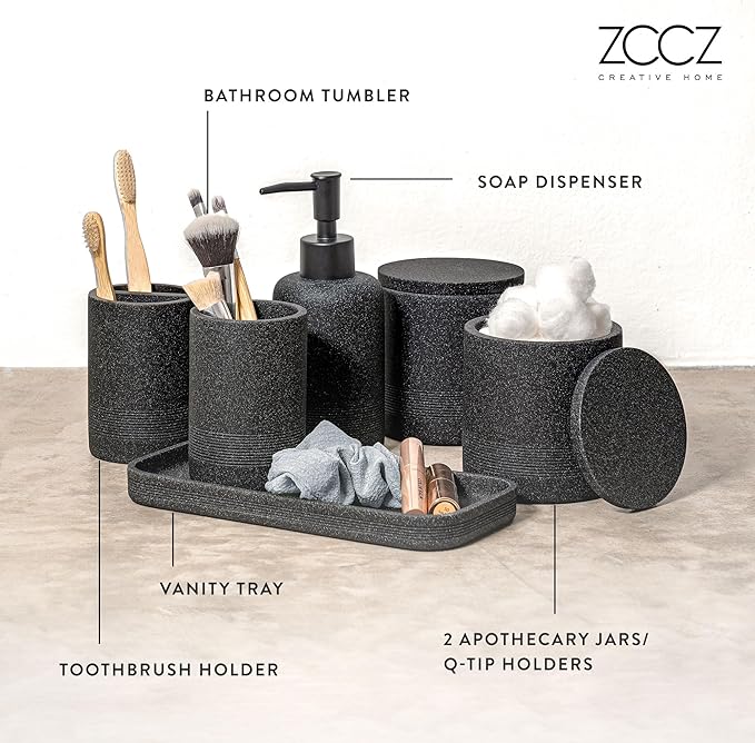 ZCCZ Black Stone Bathroom Accessories Set 6 Pieces - Toothbrush Holder, Lotion Dispenser, Qtip Container, Vanity Tray, Tumbler - Countertop Organizer for Bathrooms - Elegant and Functional Décor Set