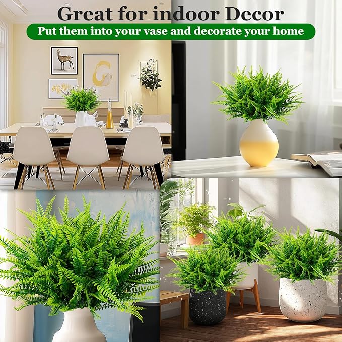 12 Bundles Artificial Fake Plants for Outdoor Faux Boston Fern for Home Decor UV Resistant Fake Plants Greenery for Front Porch Planter Indoor or Outdoor (Green)