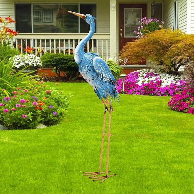 Nacome Large Standing Blue Metal Crane Garden Statue: Indoor Outdoor Heron Animal Sculpture for Patio Backyard Porch Yard Bird Art Lawn Decor - 36.6inch Gifts for Grandma Mom