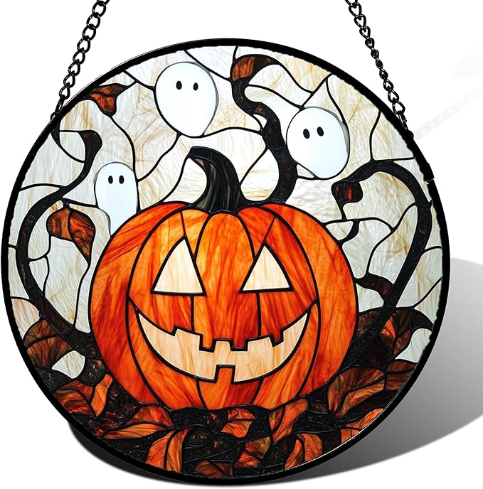 Stained Glass Window Hanging - Halloween Decorations Pumpkin Ghost Suncatcher for Doors Garden Indoor Spooky Funny Orange Sun Catchers Gothic Decor Horror Gifts for Women Men Friend 7.8 in
