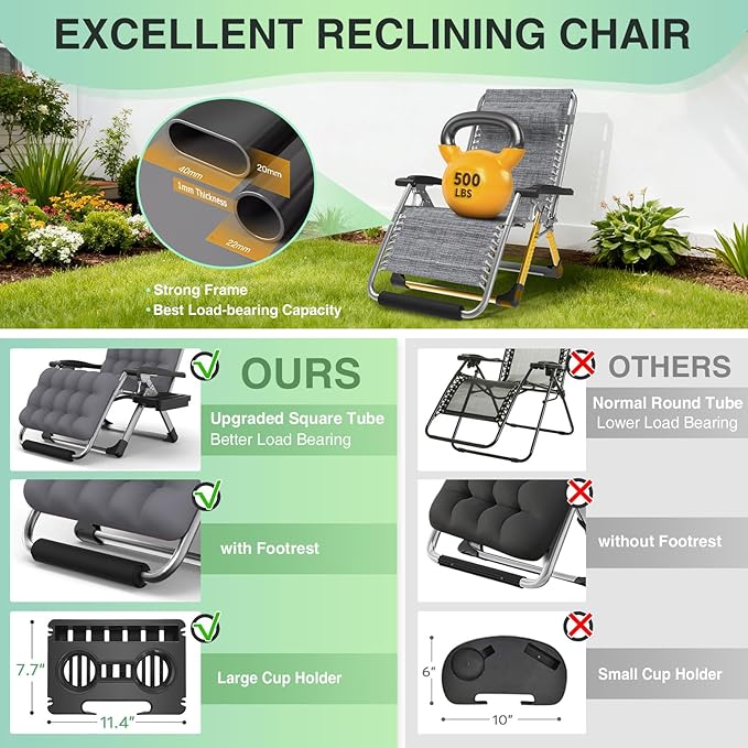 Suteck Oversized Zero Gravity Chair,33In XXL Lounge Chair w/Removable Cushion&Headrest, Reclining Camping Chair w/Upgraded Lock and Footrest, Reclining Patio Chairs Recliner for Indoor Outdoor,500LBS