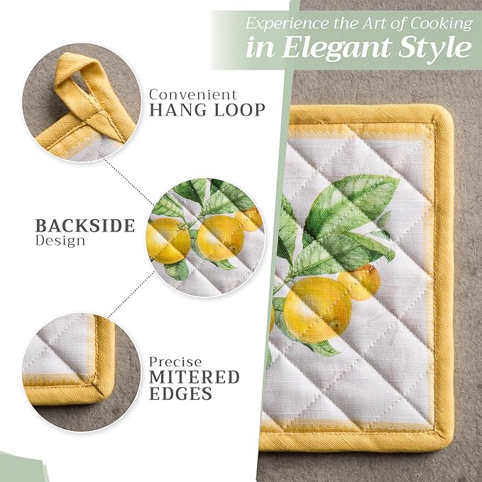 Maison d' Hermine Pot Holders 100% Cotton Heat Resistant Potholders 8" x 8" Hot Pads with Loop BBQ, Cooking, Baking, Grilling, Kitchen, Handling Hot Pans Spring/Summer (Pack of 1, Limoncello)