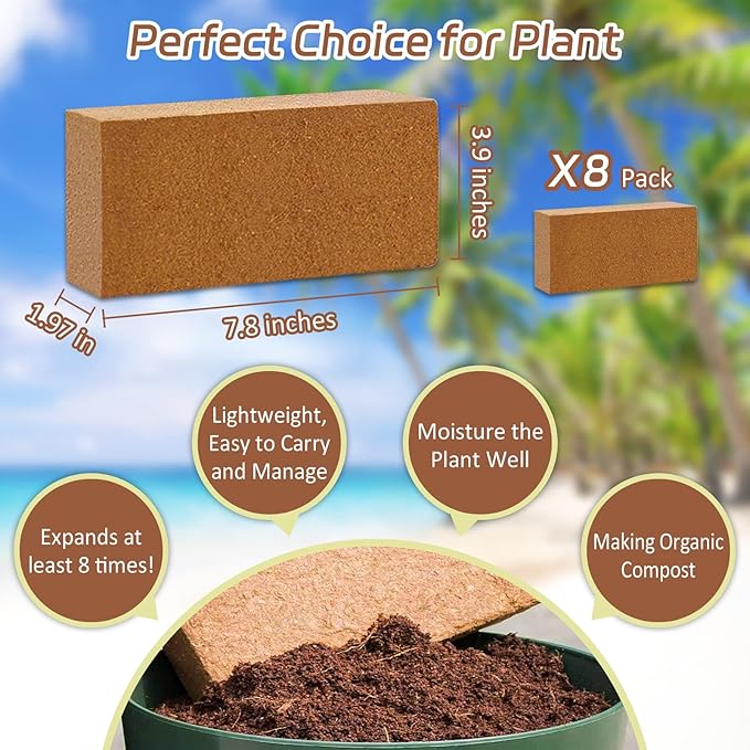 Riare 8pcs Organic Coco Coir Bricks Soil Blocks- 100% Natural Compressed Coco Peat Brick Coconut Fiber Substrate with Low EC& pH Balance, High Expansion Coco Coir Pith Coconut Husk for Garden