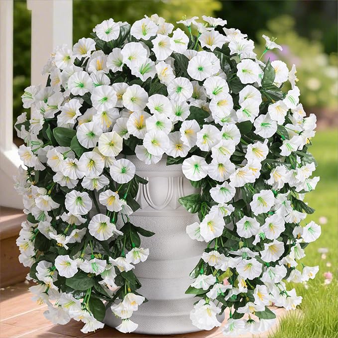 HyeFlora Artificial Fake Hanging Flowers Plants Vines for Outdoor Summer Decoration, 2PCS Faux Silk White Morning Glory Look Real UV Resistant for Home Outside Planter Porch Patio