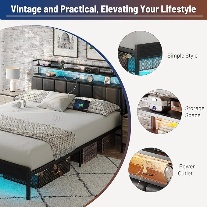 Twin Bed Frame with Headboard,Classic Metal Platform Bed Frame-LED Bed Frame with USB Charging Station,Mattress Foundatione-Under Bed Storage,No Box Spring Needed,Noise Free