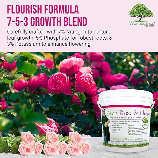 Eden Rose & Flower Organic Enriched Fertilizer | Neem Plant Food-7-5-3 Enriched Formula | for Best Flower Growth (5lbs)