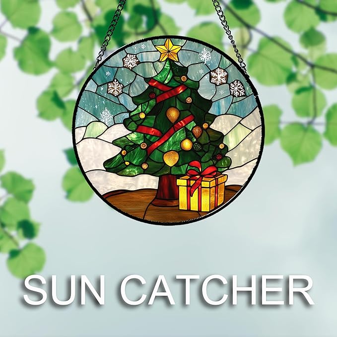 Stained Glass Window Hanging Green Christmas Tree Snowflake 7.8" - Suncatcher Door Garden Sun Catcher Xmas Holiday Decor Birthday for Mom Men Woman Friend Nana