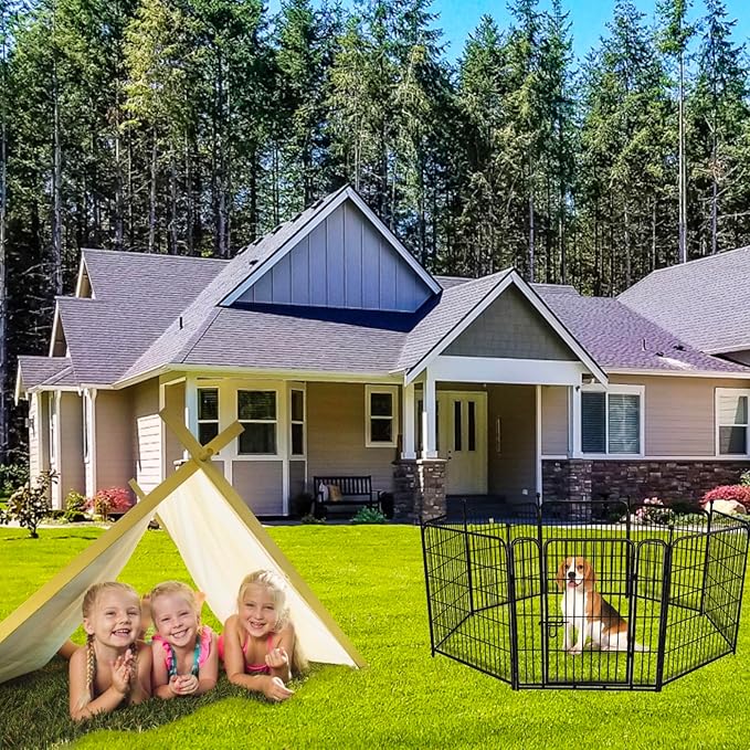 ADAVIN Dog Playpen with Low Threshold Door, 40 inch 4 Panels Total 8.9 Ft(L) Garden Fence, Dog Fence Outdoor for Yard, Black Metal Portable Pet Playpen for Large Medium Small Dogs, Dog Fencing