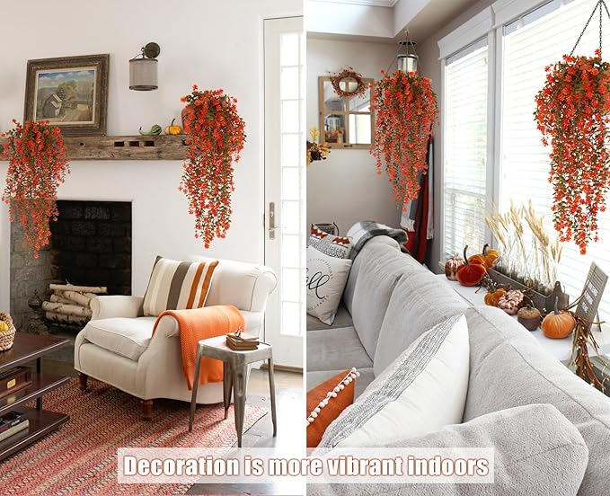 Fall Artificial Hanging Plants Artificial Fall Flowers Faux Autumn Plants Faux Hanging Plants Artificial Plants Fake Plants for for Thanksgiving Indoor Outdoor House Wedding Garden Party (Salmon)