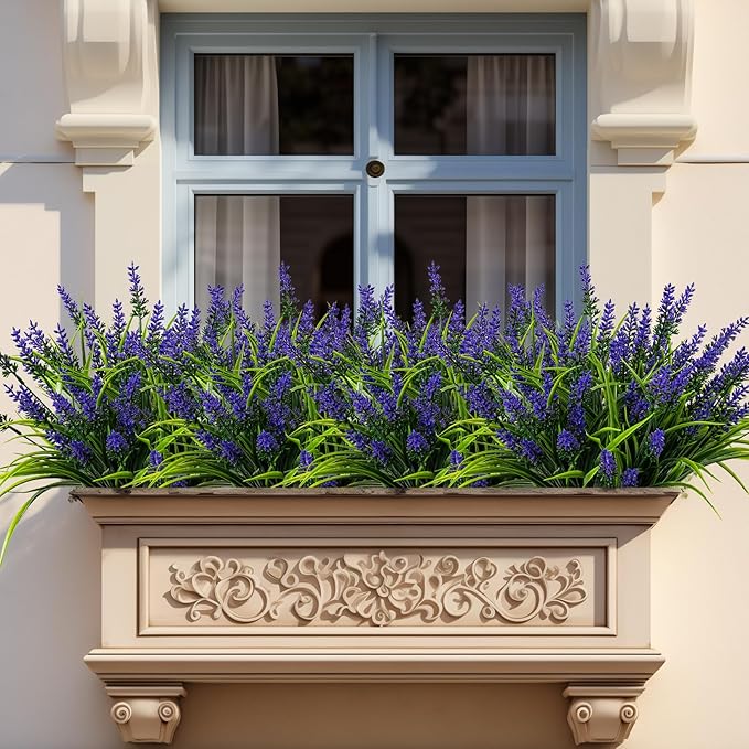 Artificial Flowers for Outdoor Plants 24 Bundles Fake Lavender Plastic Faux Monkey Grass for Verandah Window Garden Office Patio Front Porch UV Resistant for Planter(Purple)